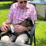 A gentleman with a young goat settled across his lap on the lawn